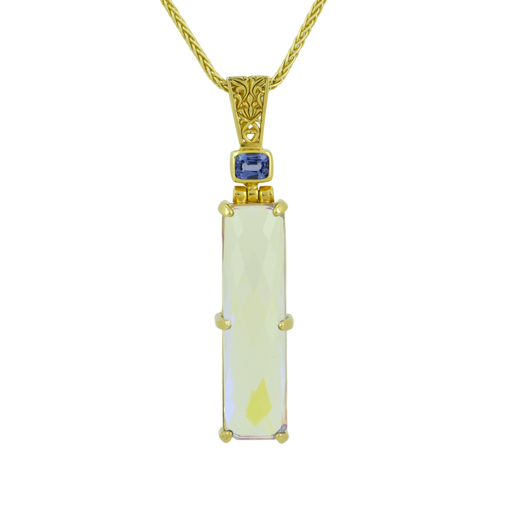 Emerald Cut Angel Aura Enlightenment Mystic Quartz Pendant, set in Sterling Silver plated in Yellow Gold