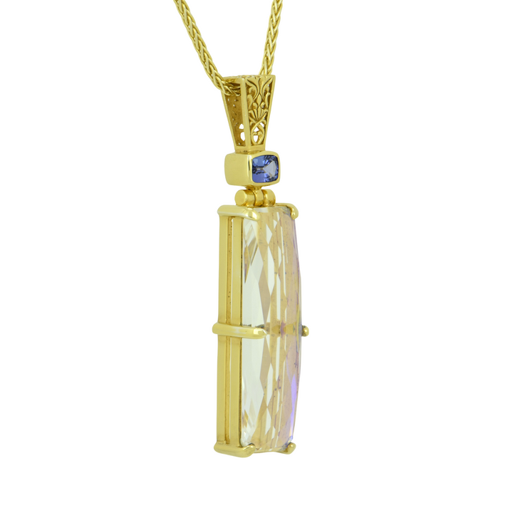 Emerald Cut Angel Aura Enlightenment Mystic Quartz Pendant, set in Sterling Silver plated in Yellow Gold