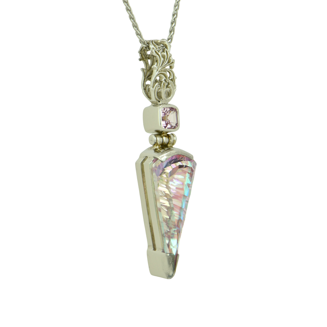Fan Shape Tara Mystic Quartz Pendant, set in Sterling Silver plated in White Rhodium
