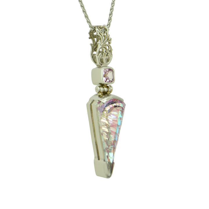 Fan Shape Tara Mystic Quartz Pendant, set in Sterling Silver plated in White Rhodium