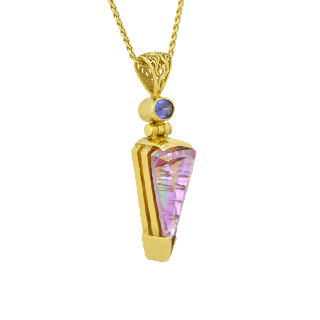 Fan Shape Sunstar Mystic Quartz Pendant, set in Sterling Silver plated in Yellow Gold