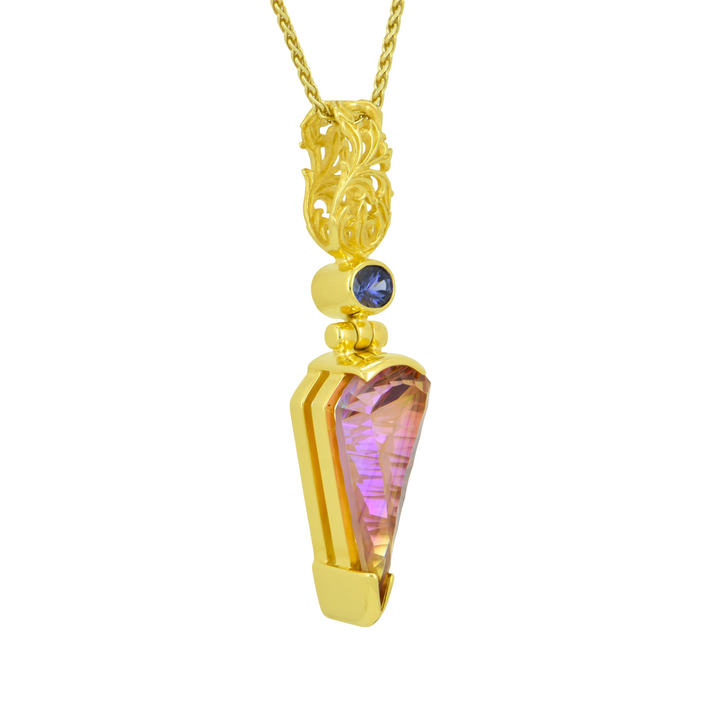 Fan Shape Sunstar Mystic Quartz Pendant, set in Sterling Silver plated in Yellow Gold