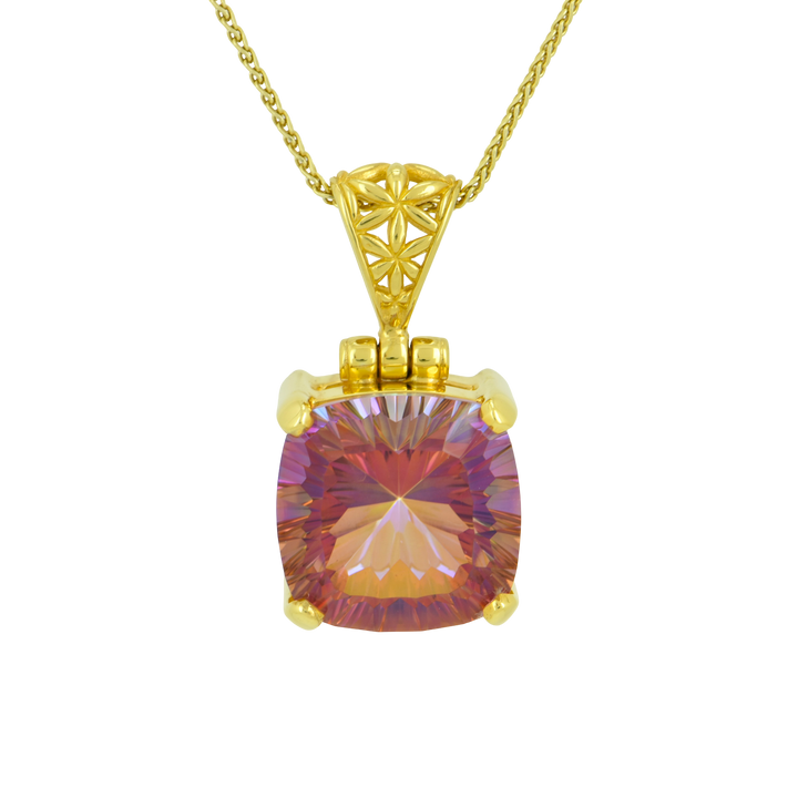 Cushion Cut Sunstar Mystic Quartz Pendant, set in Sterling Silver plated in Yellow Gold