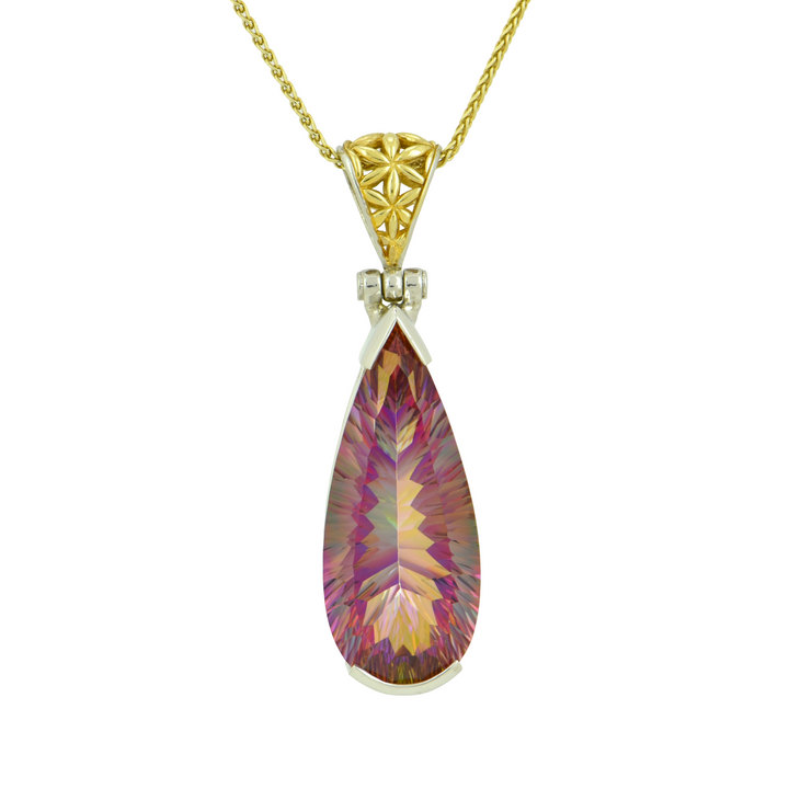 Pear Cut Sunstar Mystic Quartz Pendant, set in Sterling Silver plated in Yellow Gold