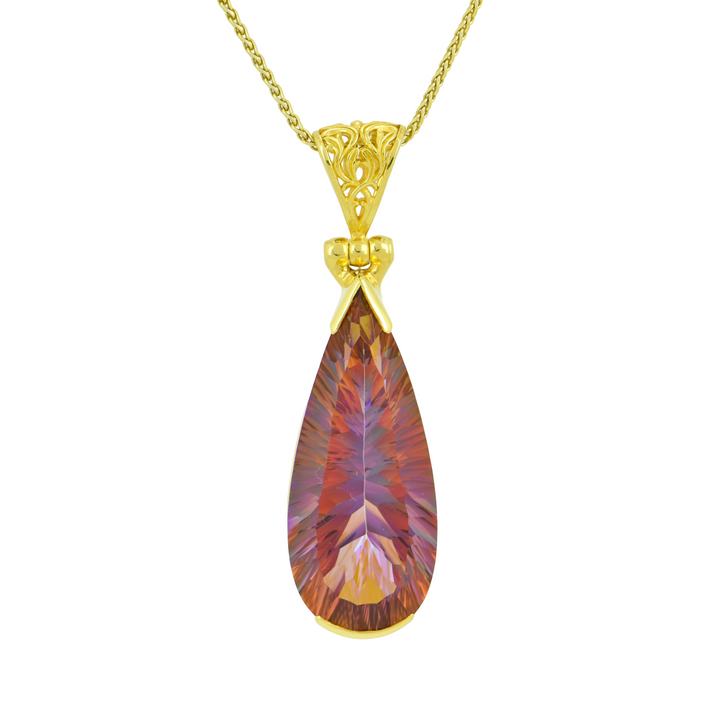 Pear Cut Sunstar Mystic Quartz Pendant, set in Sterling Silver plated in Yellow Gold