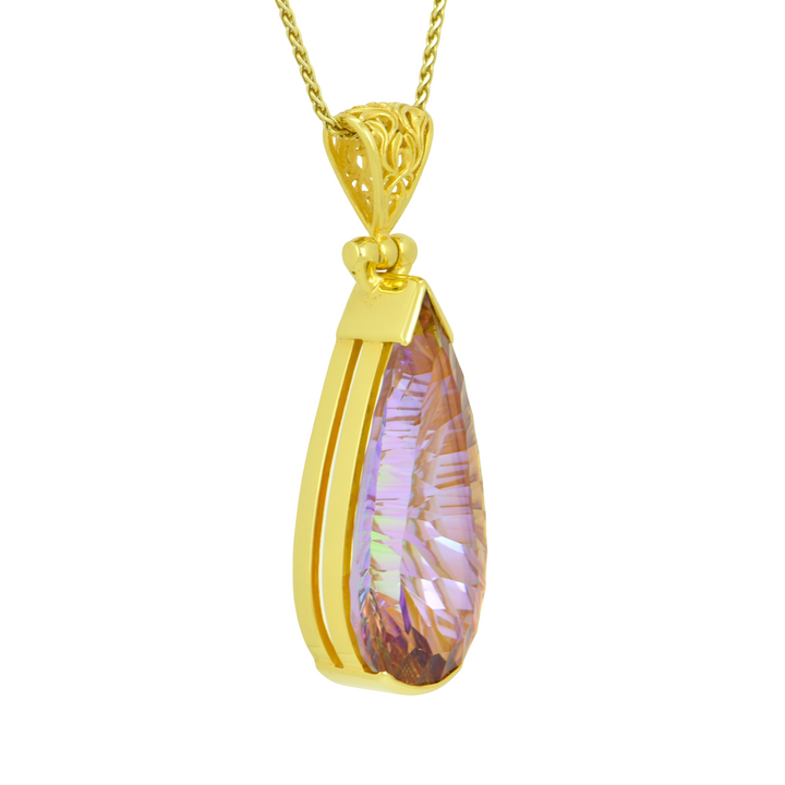 Pear Cut Sunstar Mystic Quartz Pendant, set in Sterling Silver plated in Yellow Gold