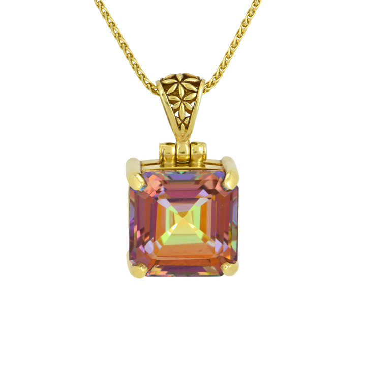 Cushion Cut Sunstar Mystic Quartz Pendant, set in Sterling Silver plated in Yellow Gold