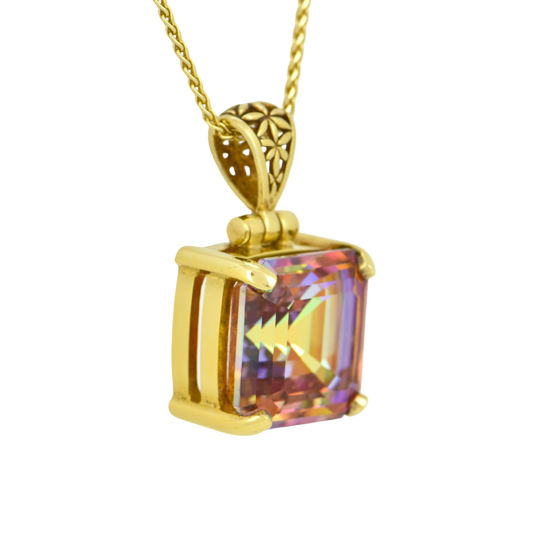 Cushion Cut Sunstar Mystic Quartz Pendant, set in Sterling Silver plated in Yellow Gold
