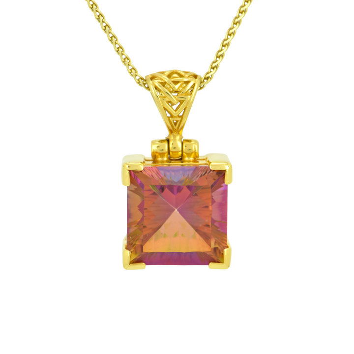 Cushion Cut Sunstar Mystic Quartz Pendant, set in Sterling Silver plated in Yellow Gold