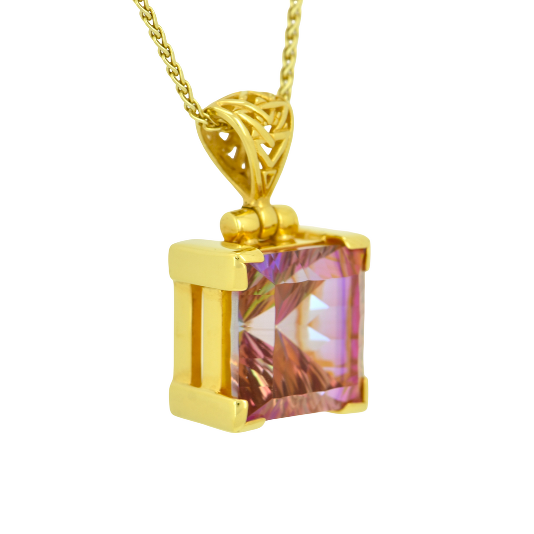 Cushion Cut Sunstar Mystic Quartz Pendant, set in Sterling Silver plated in Yellow Gold
