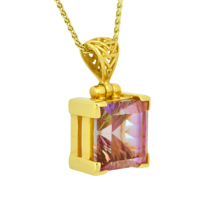 Cushion Cut Sunstar Mystic Quartz Pendant, set in Sterling Silver plated in Yellow Gold