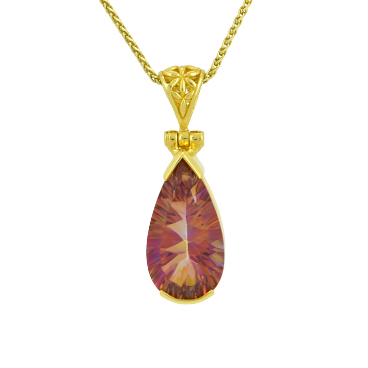 Pear Cut Sunstar Mystic Quartz Pendant, set in Sterling Silver plated in Yellow Gold