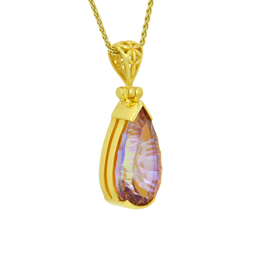 Pear Cut Sunstar Mystic Quartz Pendant, set in Sterling Silver plated in Yellow Gold