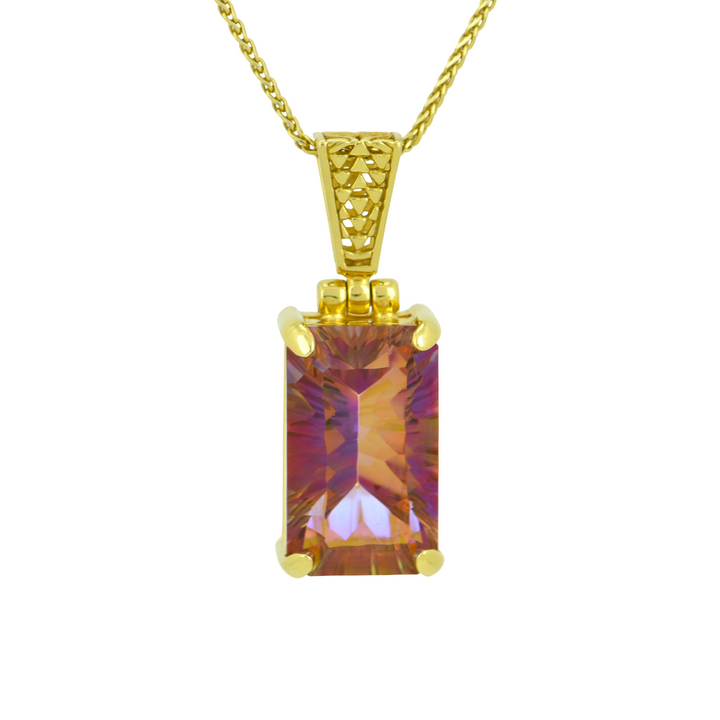 Emerald Cut Sunstar Mystic Quartz Pendant, set in Sterling Silver plated in Yellow Gold