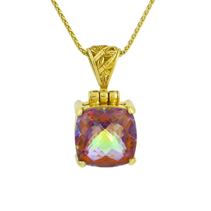 Cushion Cut Sunstar Mystic Quartz Pendant, set in Sterling Silver plated in Yellow Gold