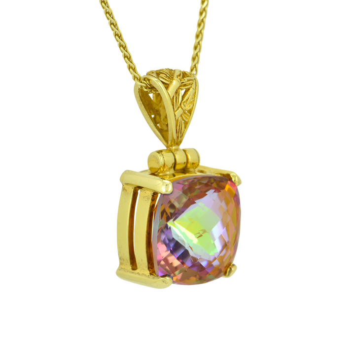 Cushion Cut Sunstar Mystic Quartz Pendant, set in Sterling Silver plated in Yellow Gold