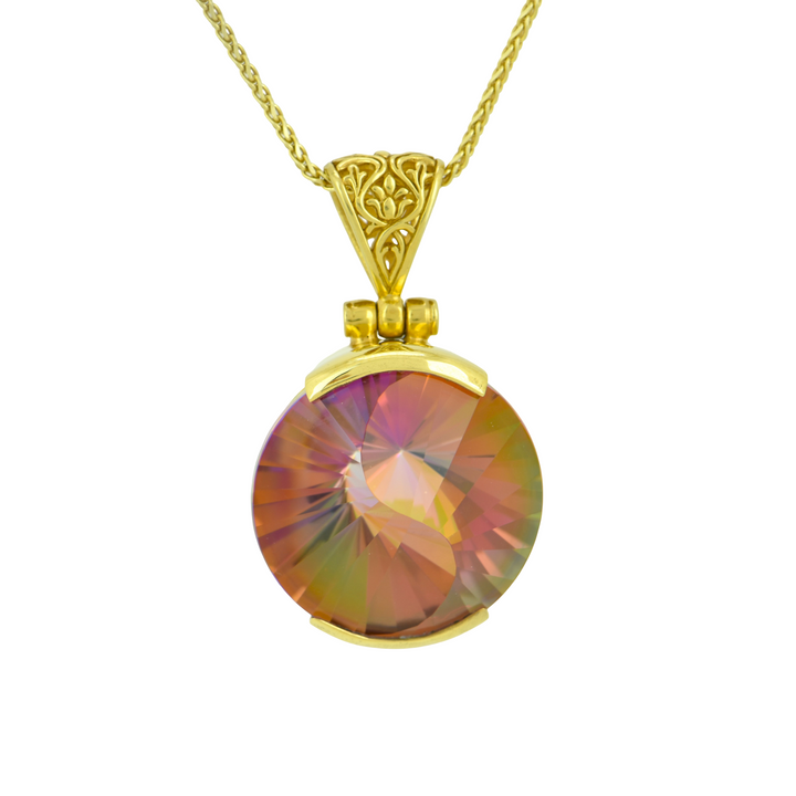 Round Sunstar Mystic Quartz Pendant, set in Sterling Silver plated in Yellow Gold