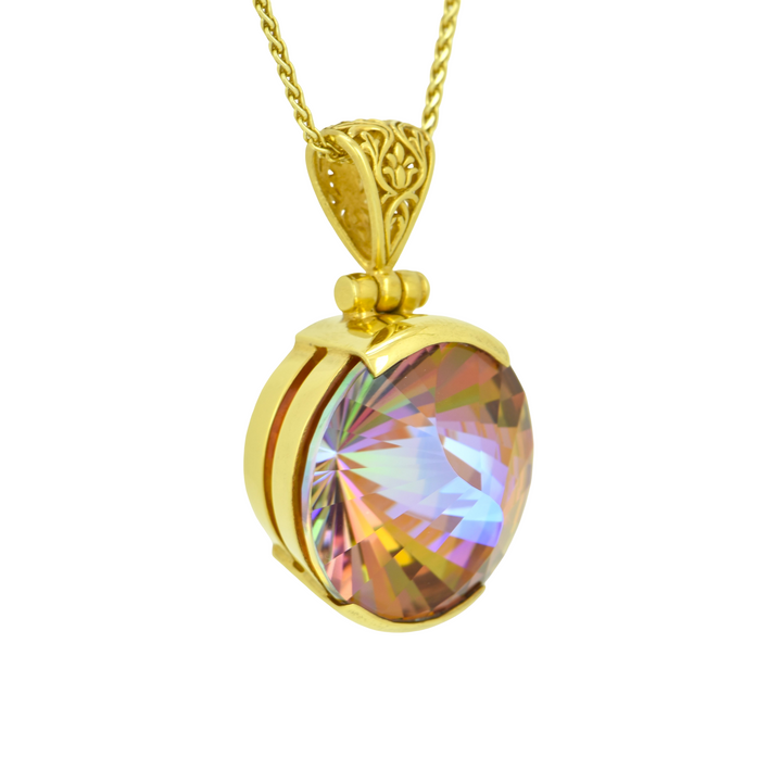 Round Sunstar Mystic Quartz Pendant, set in Sterling Silver plated in Yellow Gold