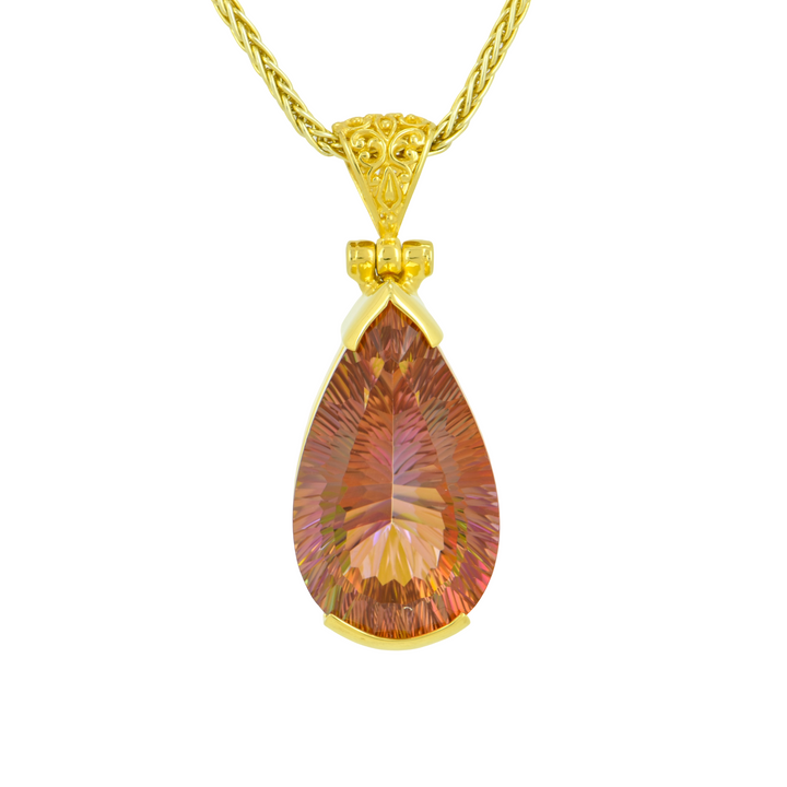 Pear Cut Sunstar Mystic Quartz Pendant, set in Sterling Silver plated in Yellow Gold