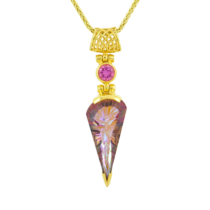 Fan Shape Sunstar Mystic Quartz Pendant, set in Sterling Silver plated in Yellow Gold