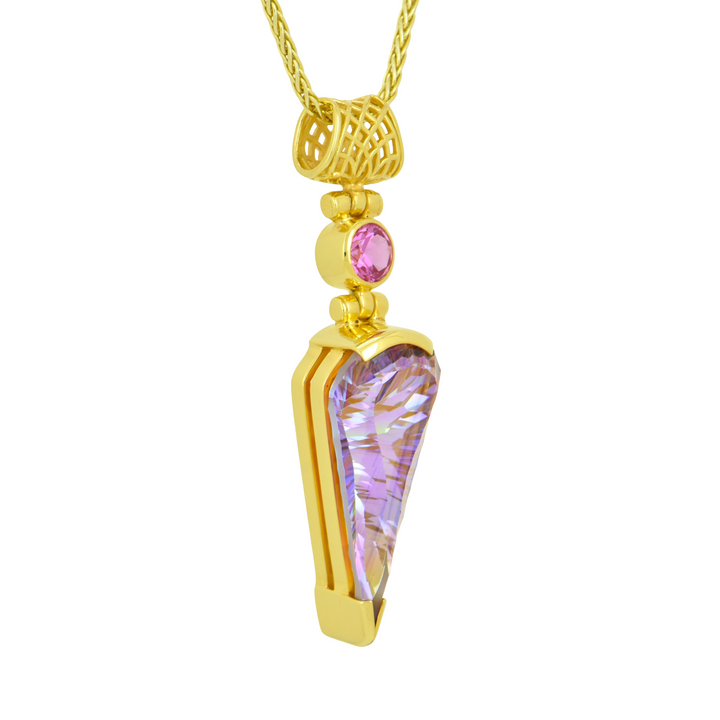 Fan Shape Sunstar Mystic Quartz Pendant, set in Sterling Silver plated in Yellow Gold