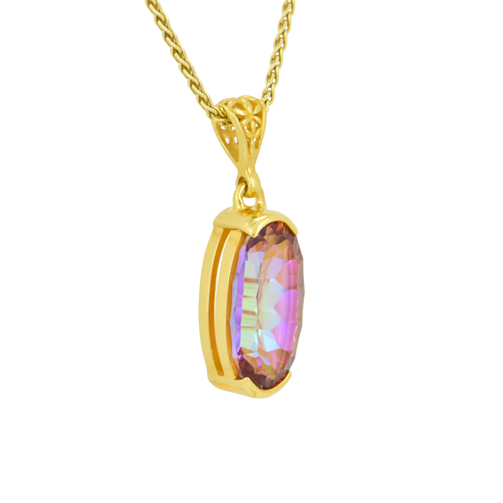 Oval Sunstar Mystic Quartz Pendant, set in Sterling Silver plated in Yellow Gold