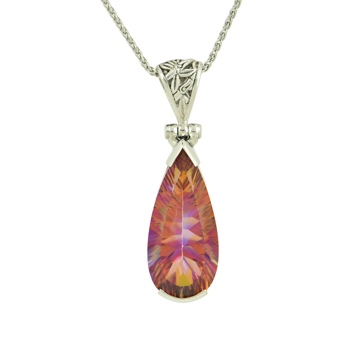 Pear Cut Sunstar Mystic Quartz Pendant, set in Sterling Silver plated in White Rhodium