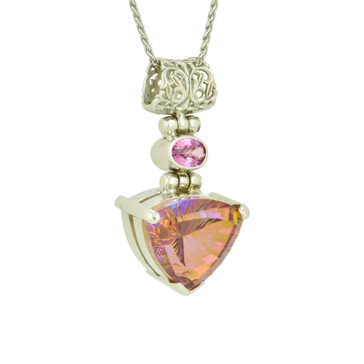 Trillion Sunstar Mystic Quartz Pendant, set in Sterling Silver plated in White Rhodium