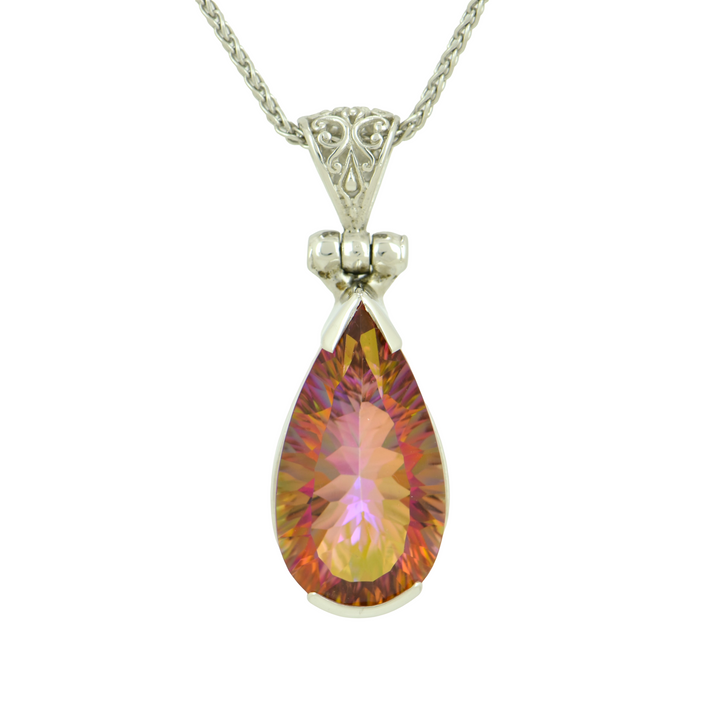Pear Cut Sunstar Mystic Quartz Pendant, set in Sterling Silver plated in White Rhodium