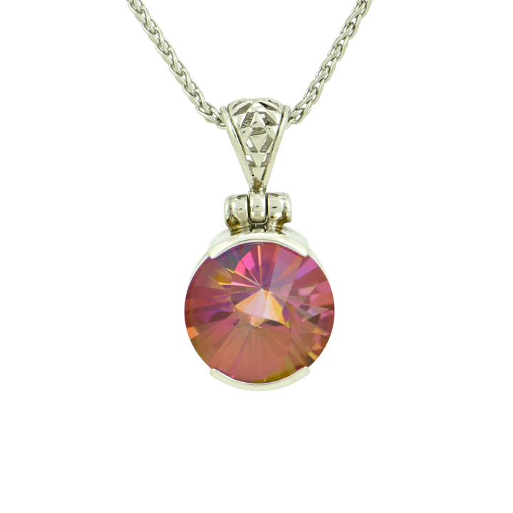 Round Sunstar Mystic Quartz Pendant, set in Sterling Silver plated in White Rhodium