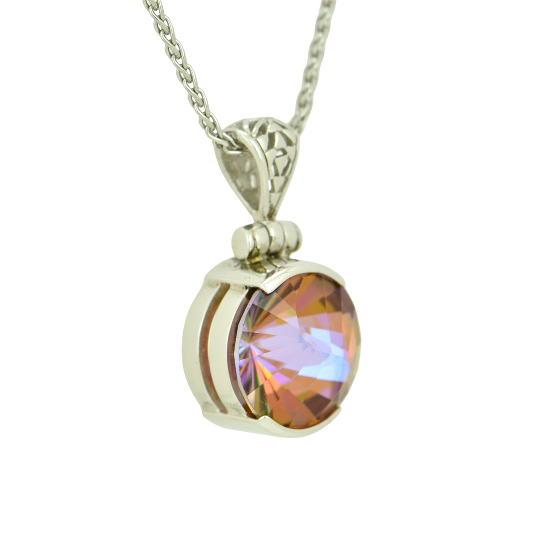Round Sunstar Mystic Quartz Pendant, set in Sterling Silver plated in White Rhodium