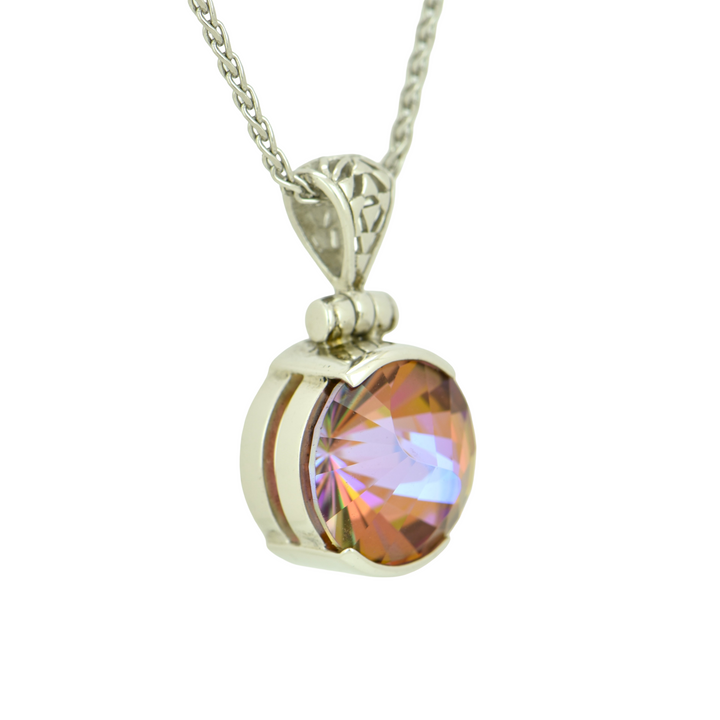 Round Sunstar Mystic Quartz Pendant, set in Sterling Silver plated in White Rhodium