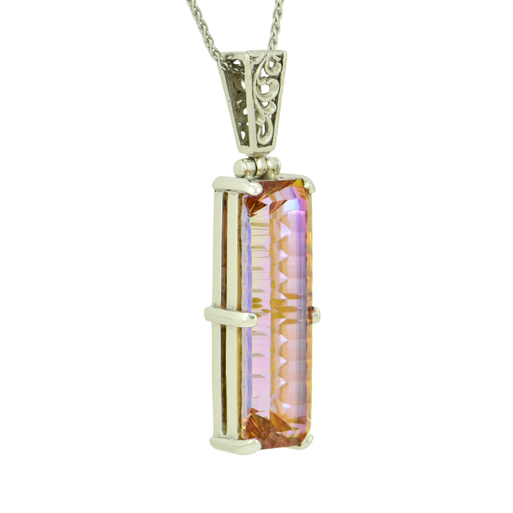 Emerald Cut Sunstar Mystic Quartz Pendant, set in Sterling Silver plated in White Rhodium