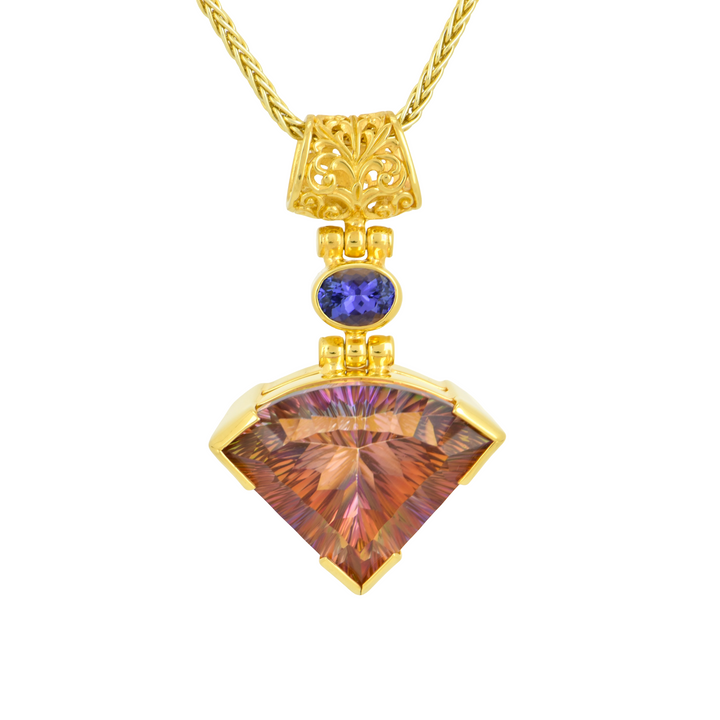 Fan Shape Sunstar Mystic Quartz Pendant, set in Sterling Silver plated in Yellow Gold