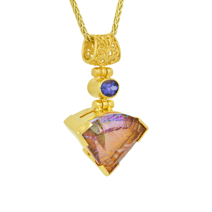 Fan Shape Sunstar Mystic Quartz Pendant, set in Sterling Silver plated in Yellow Gold