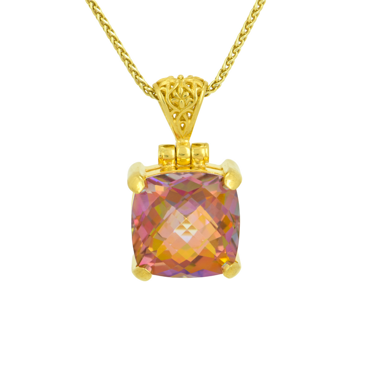 Cushion Cut Sunstar Mystic Quartz Pendant, set in Sterling Silver plated in Yellow Gold