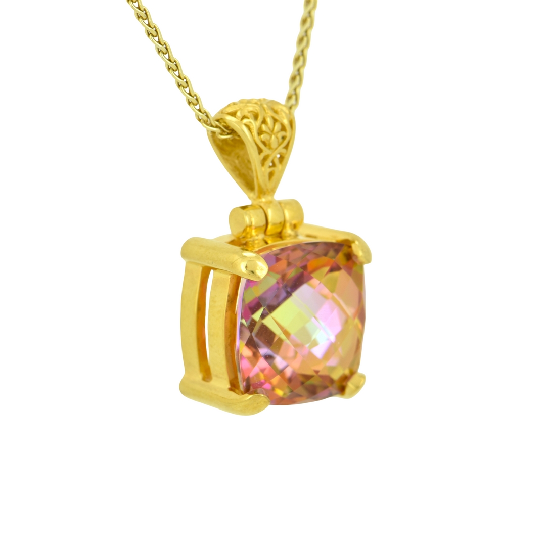 Cushion Cut Sunstar Mystic Quartz Pendant, set in Sterling Silver plated in Yellow Gold
