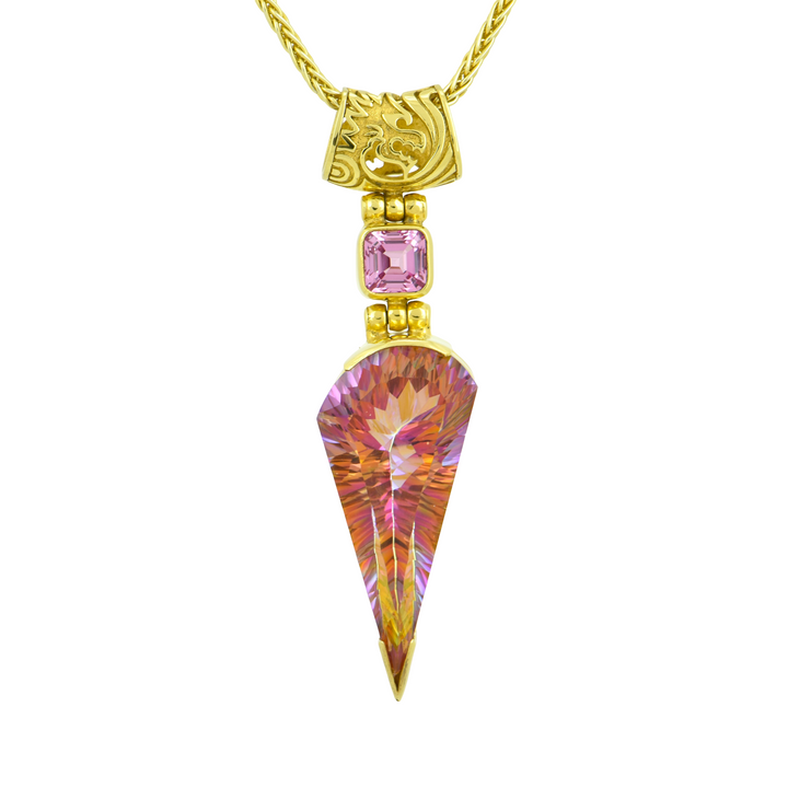 Fan Shape Sunstar Mystic Quartz Pendant, set in Sterling Silver plated in Yellow Gold