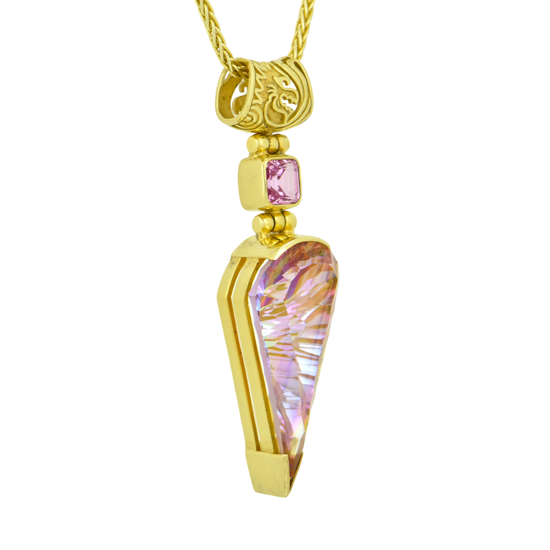 Fan Shape Sunstar Mystic Quartz Pendant, set in Sterling Silver plated in Yellow Gold