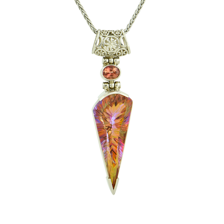 Fan Shape Sunstar Mystic Quartz Pendant, set in Sterling Silver plated in White Rhodium