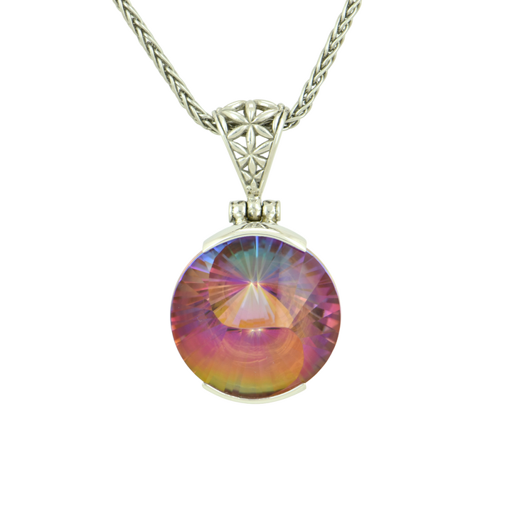 Round Sunstar Mystic Quartz Pendant, set in Sterling Silver plated in White Rhodium