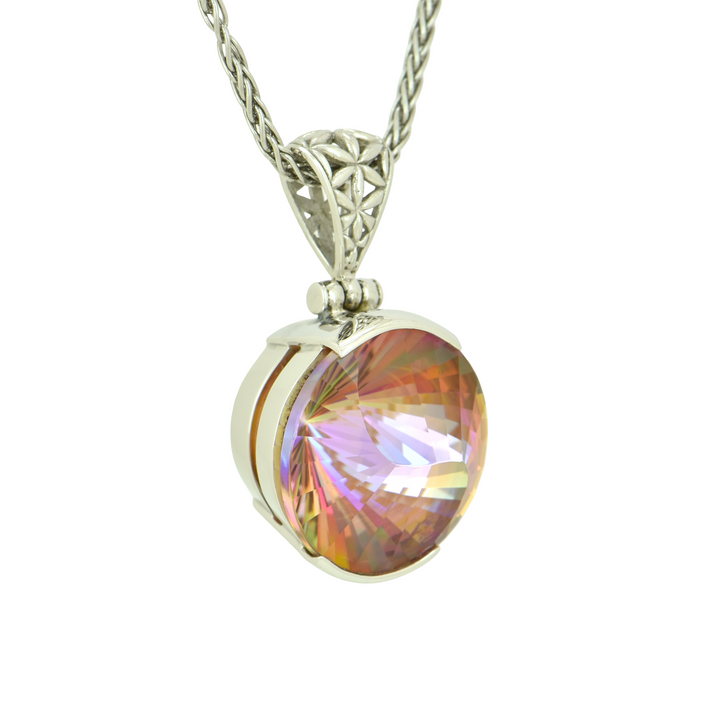 Round Sunstar Mystic Quartz Pendant, set in Sterling Silver plated in White Rhodium