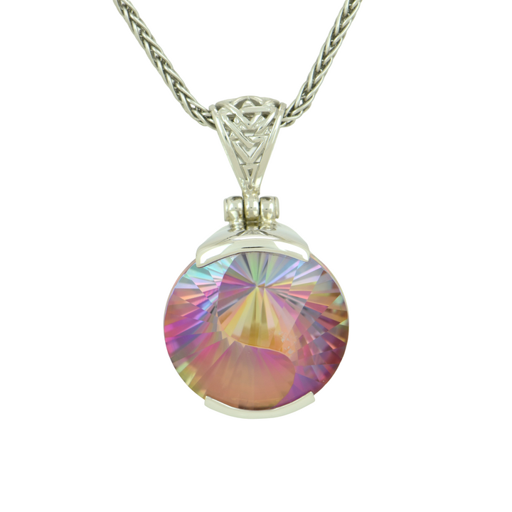 Round Sunstar Mystic Quartz Pendant, set in Sterling Silver plated in White Rhodium