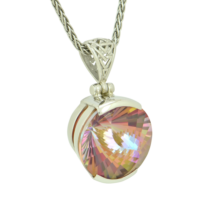 Round Sunstar Mystic Quartz Pendant, set in Sterling Silver plated in White Rhodium