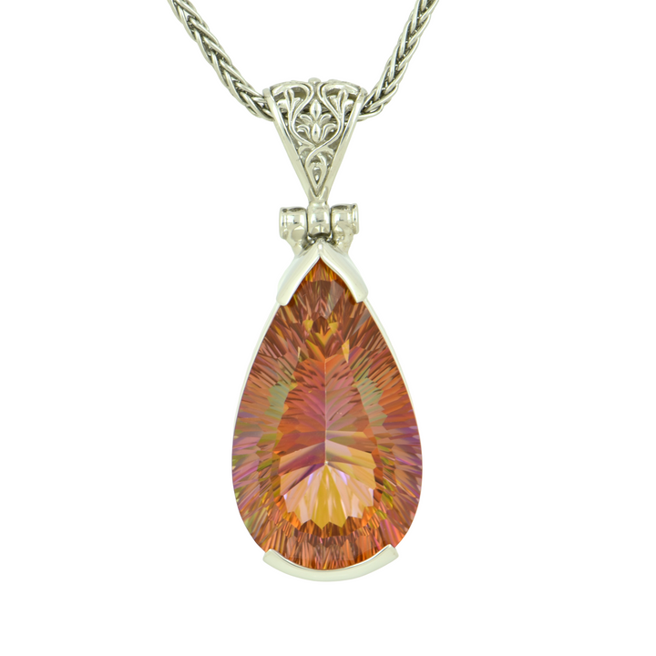 Pear Cut Sunstar Mystic Quartz Pendant, set in Sterling Silver plated in White Rhodium