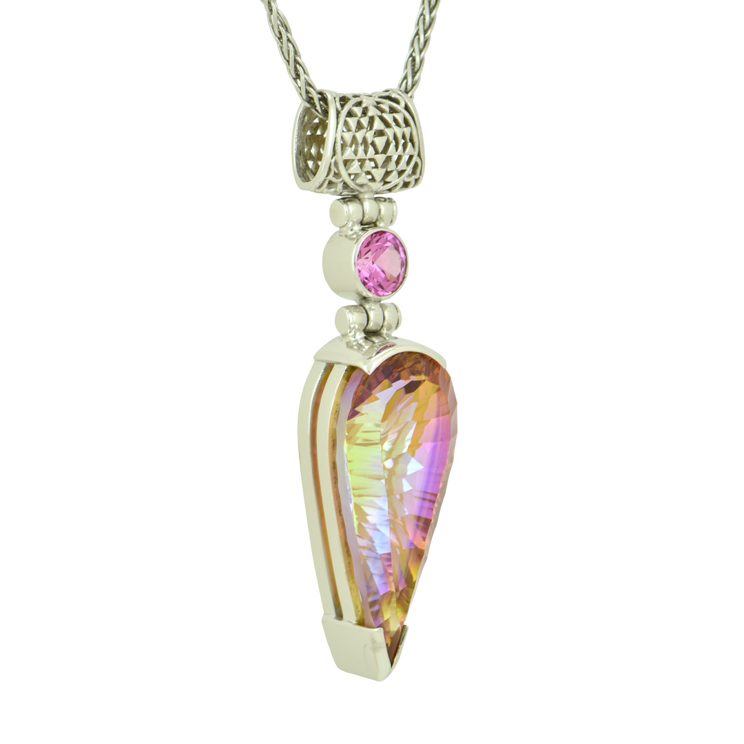 Fan Shape Sunstar Mystic Quartz Pendant, set in Sterling Silver plated in White Rhodium