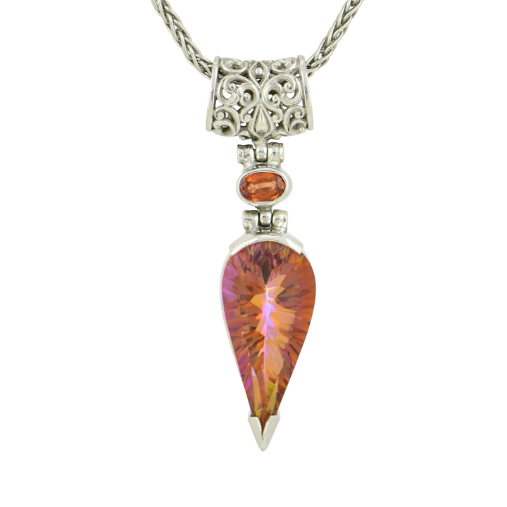 Pear Cut Sunstar Mystic Quartz Pendant, set in Sterling Silver plated in White Rhodium