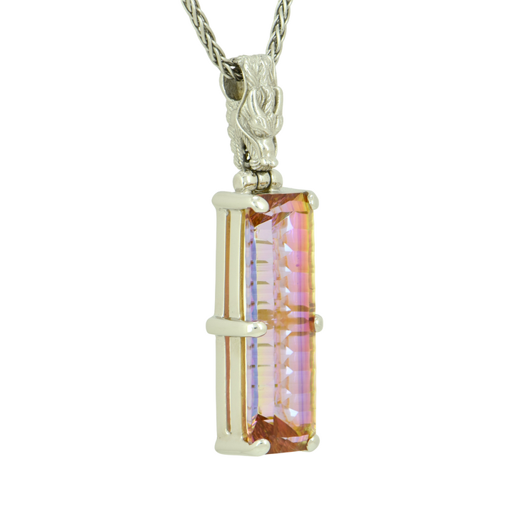 Emerald Cut Sunstar Mystic Quartz Pendant, set in Sterling Silver plated in White Rhodium