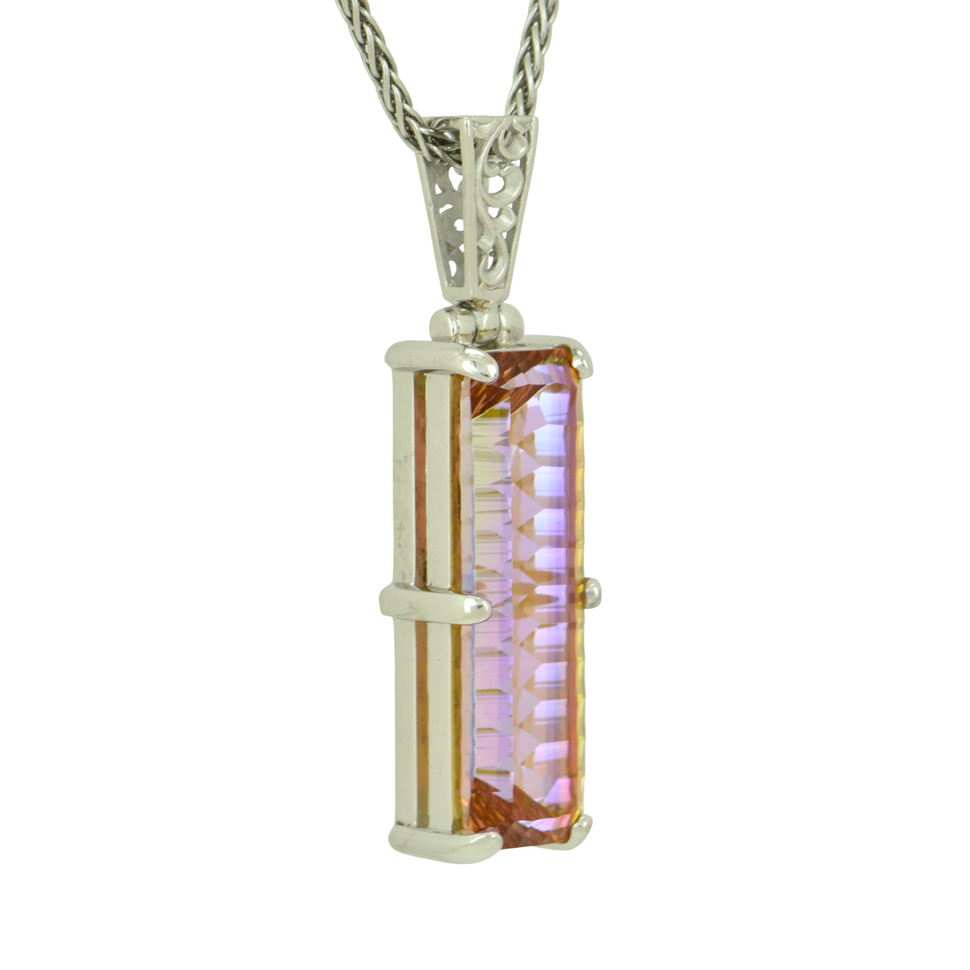 Emerald Cut Sunstar Mystic Quartz Pendant, set in Sterling Silver plated in White Rhodium