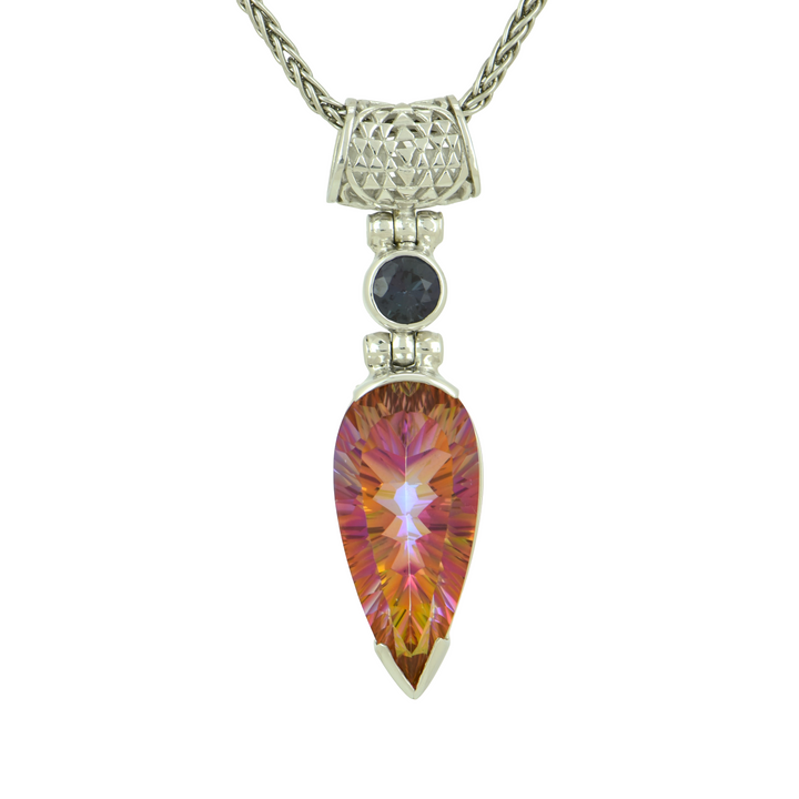 Pear Cut Sunstar Mystic Quartz Pendant, set in Sterling Silver plated in White Rhodium